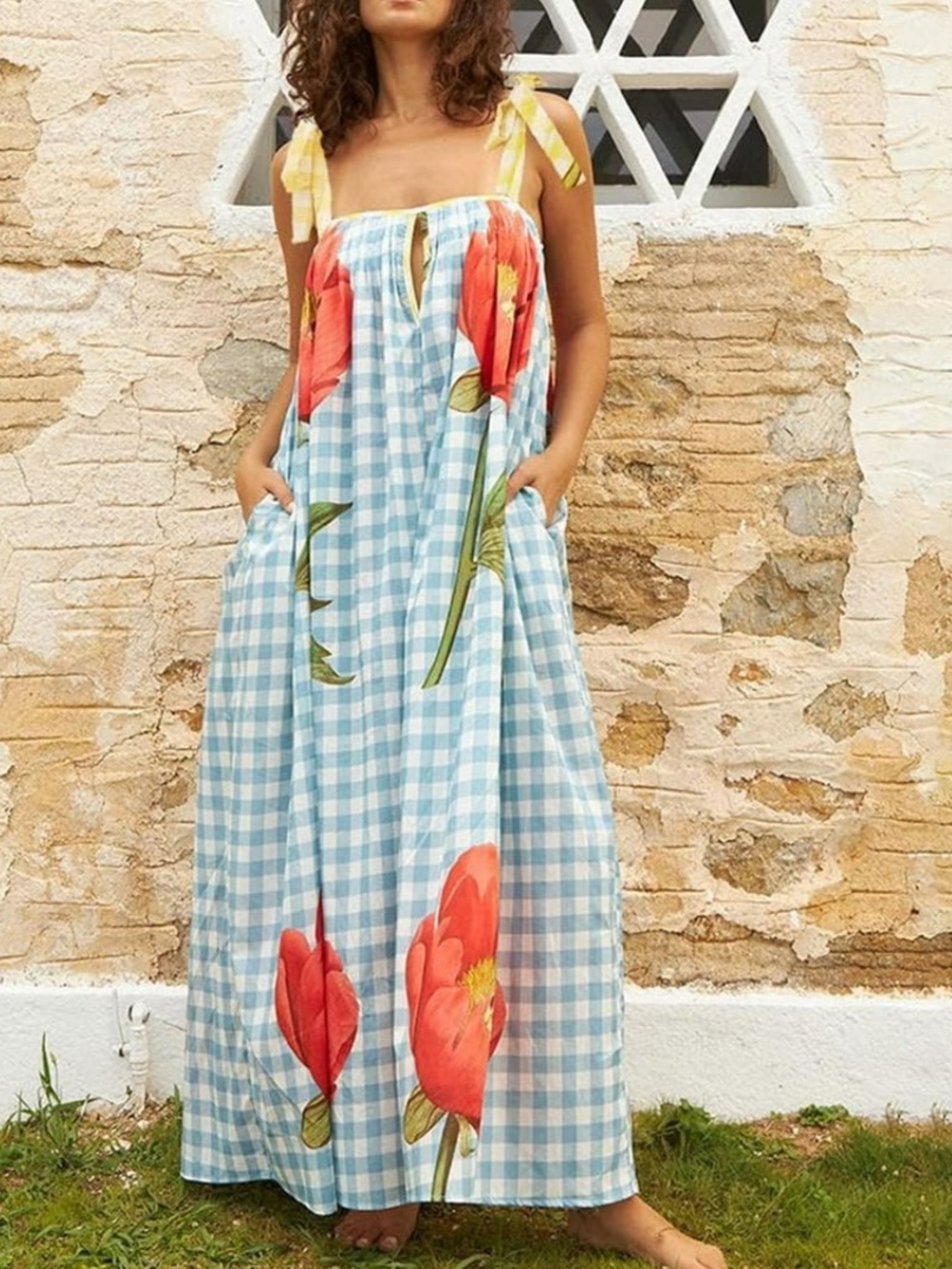 Blue Gingham Maxi Dress with Red Floral Print and Tie Straps EUC